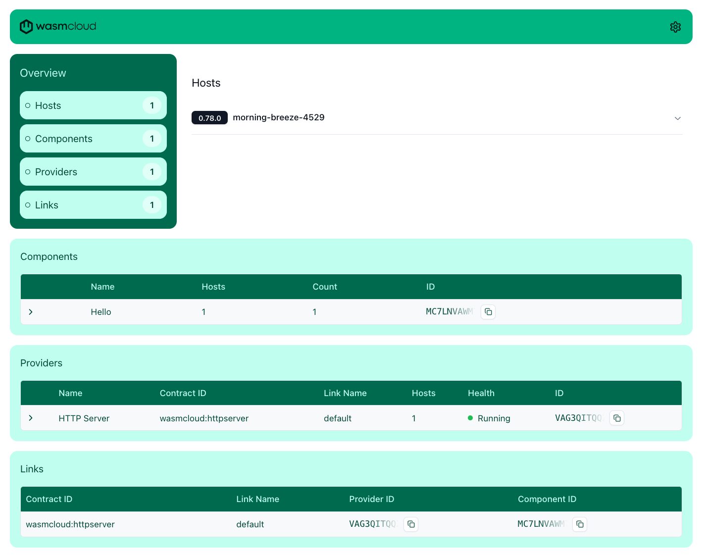 wasmCloud dashboard with hello world application